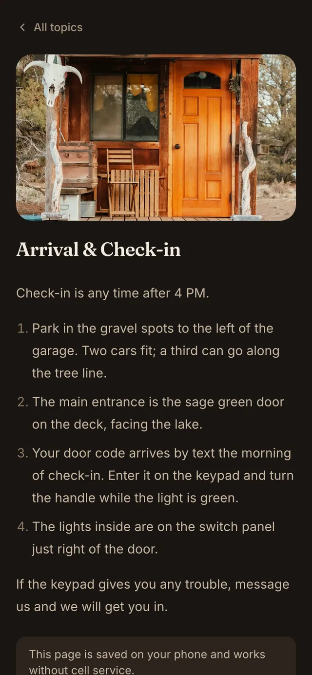 Arrival page of the example welcome book in the Retreat theme with step-by-step arrival instructions and a note that the page is saved on the phone and works without cell service