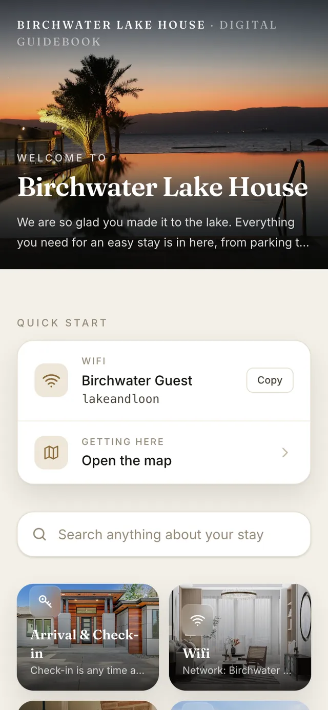 Home screen of the Birchwater Lake House example welcome book in the Villa theme