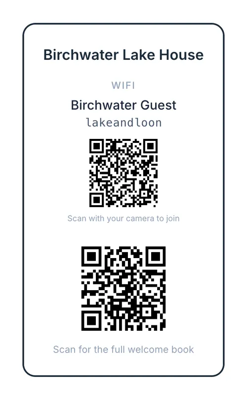 Printable wifi fridge card with the network name and password, a QR code that joins the network when scanned, and a QR code for the welcome book